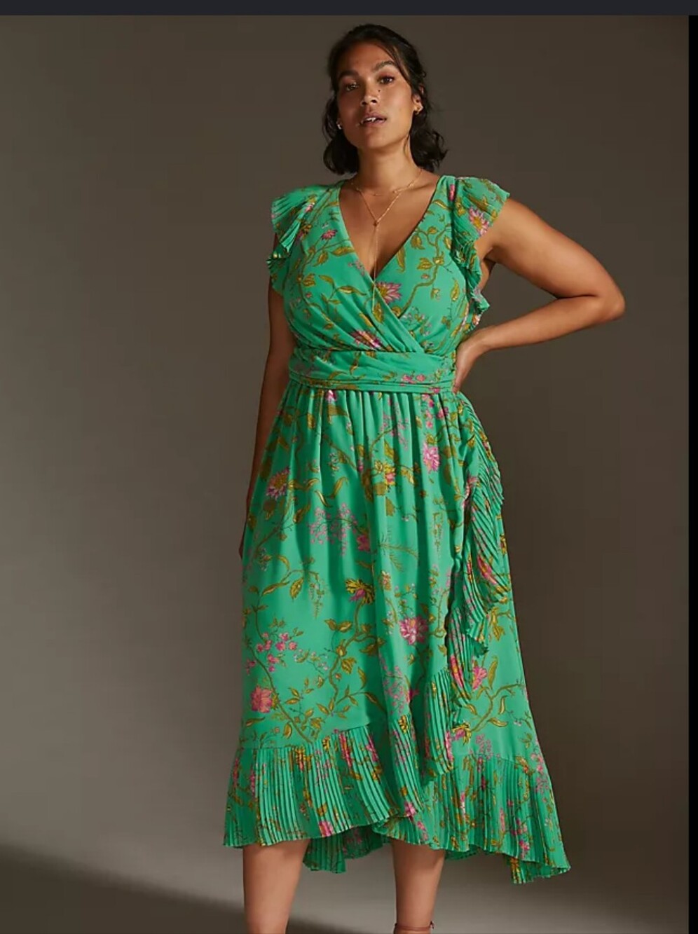 NEW Anthropologie Plus Green Ruffle Sleeve Floral Wrap Midi Dress Occasion 20W